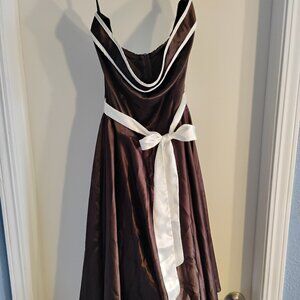 Sleeveless Satin Chocolate Sash Fit and Flare Dress